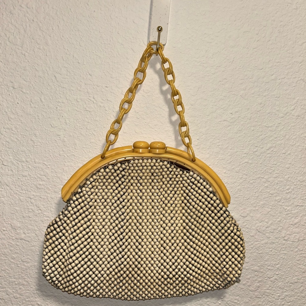 Whiting & Davis Ivory Enamel Mesh Handbag w Bakelite Chain and Frame, 1940s